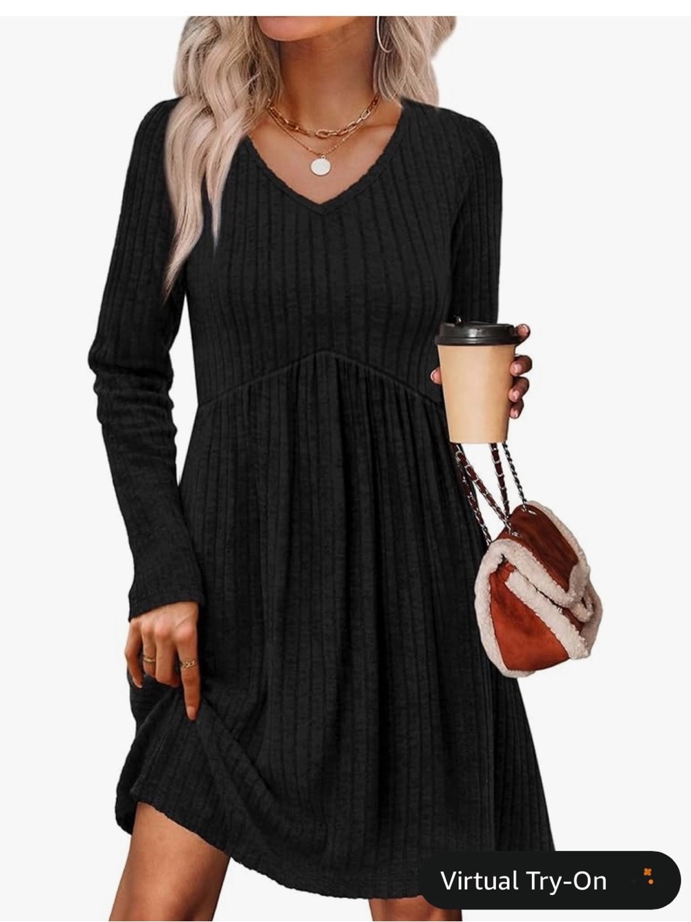 Long Sleeve Black Ribbed V-Neck Swing Dress